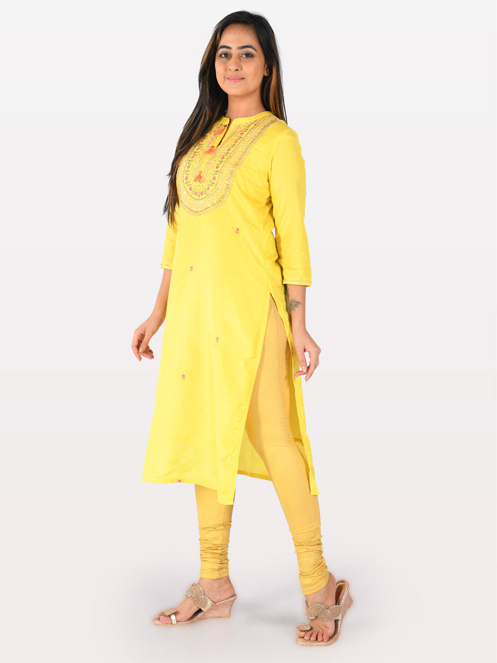 Neerus Yellow embroidered straight kurta - front view