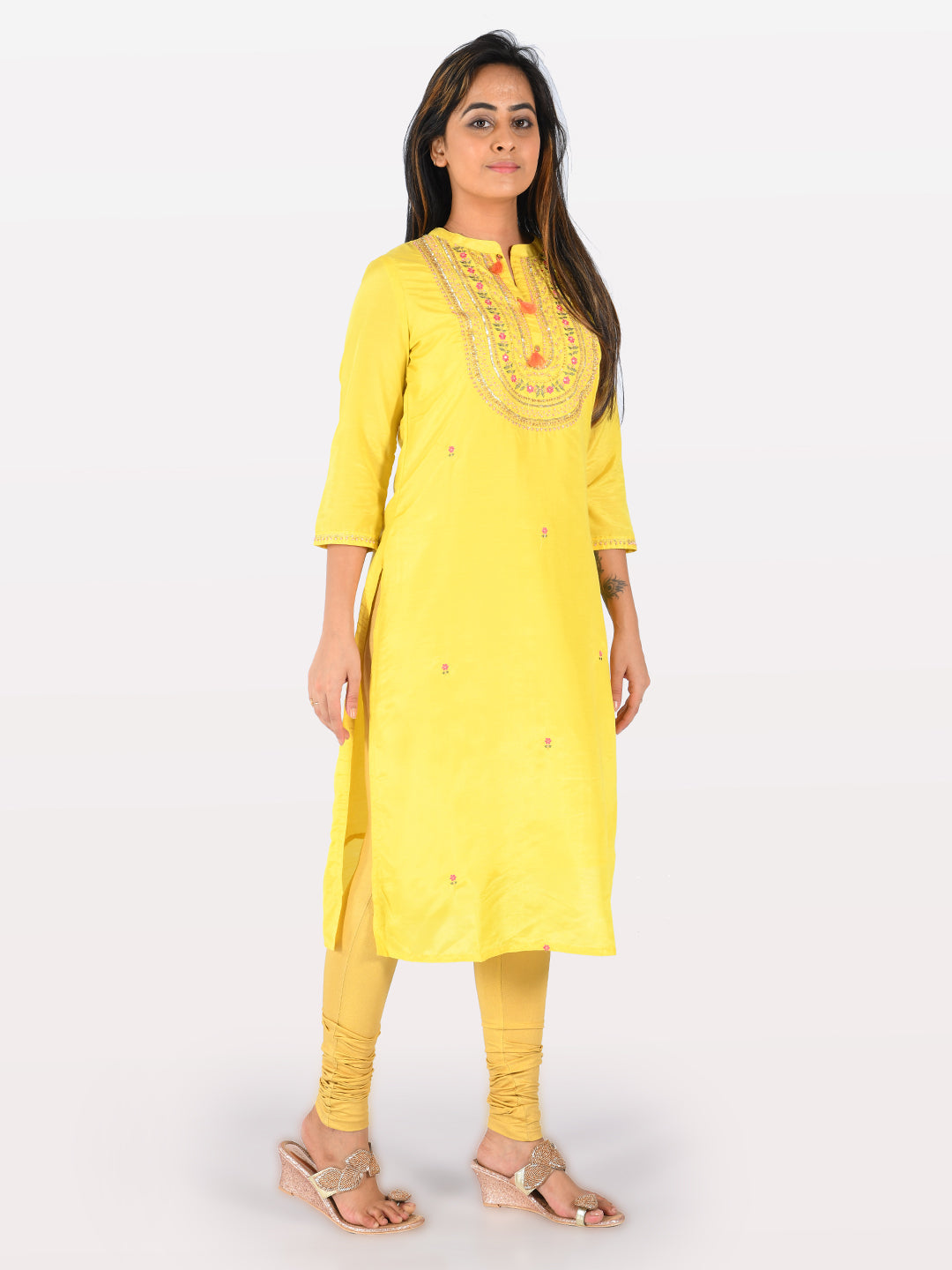 Neerus Yellow embroidered straight kurta - back view