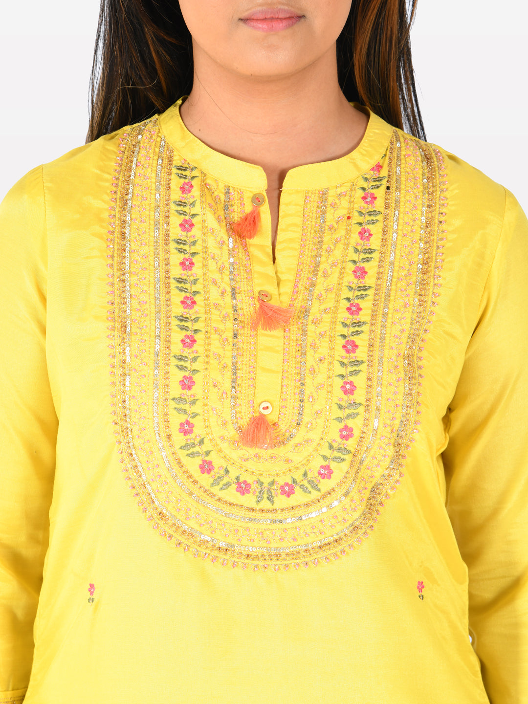 Neerus Yellow embroidered straight kurta - detail view 1