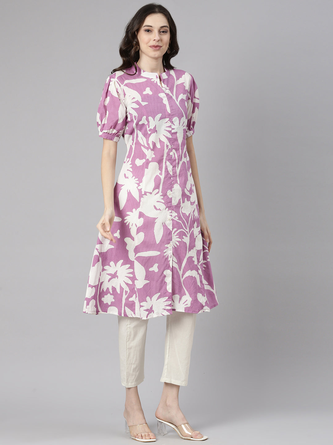 Neerus Purple cotton printed straight kurti - back view