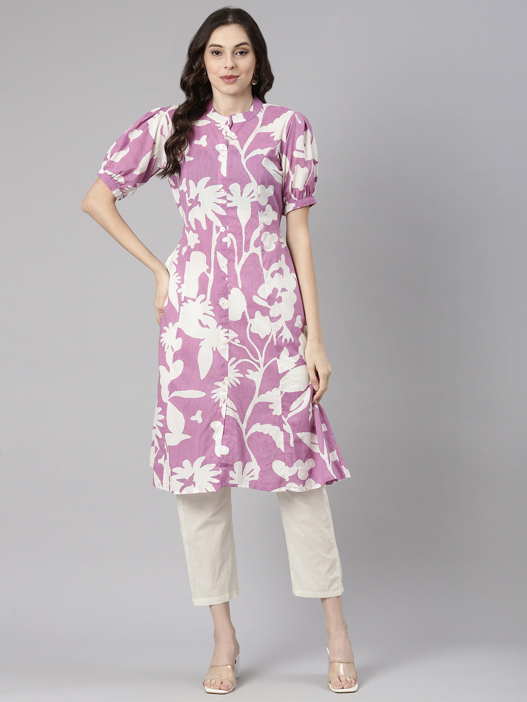 Neerus Purple cotton printed straight kurti - detail view 2