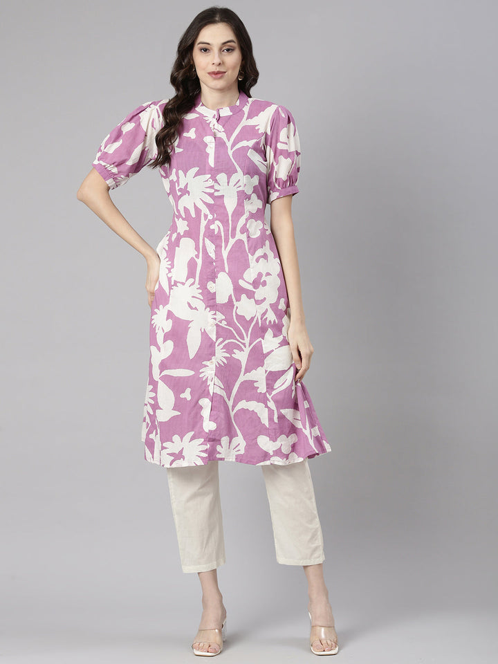 Neerus Purple cotton printed straight kurti - detail view 2