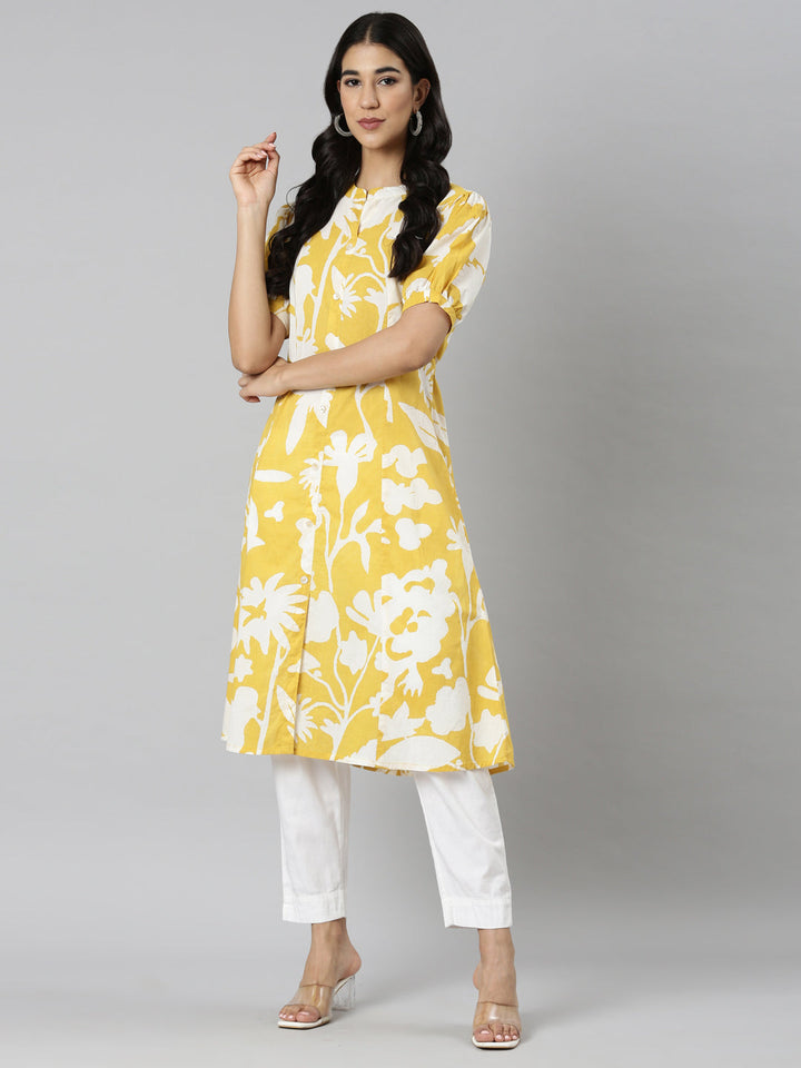 Neerus Mustard Casual Floral Straight Kurtas