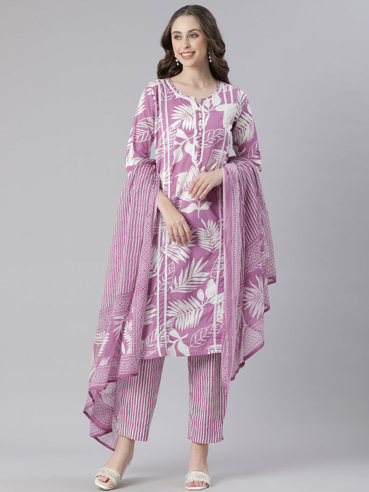 Neerus Purple cotton printed suit set - front view