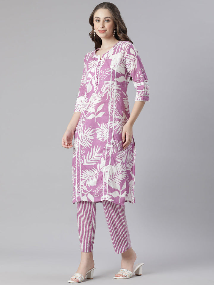 Neerus Purple cotton printed suit set - side view