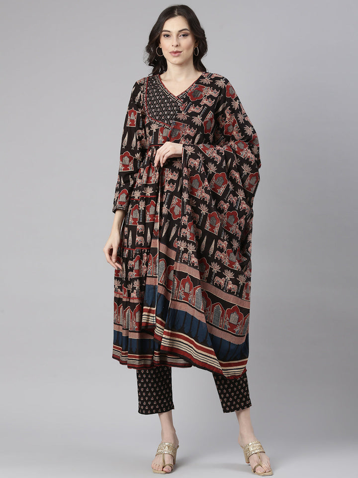 Neerus Black Printed Anarkali Kurta and Trousers With Dupatta