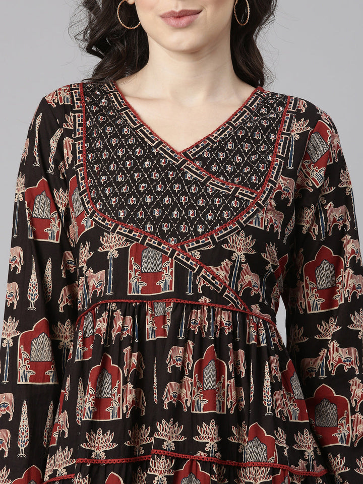 Neerus Black Printed Anarkali Kurta and Trousers With Dupatta