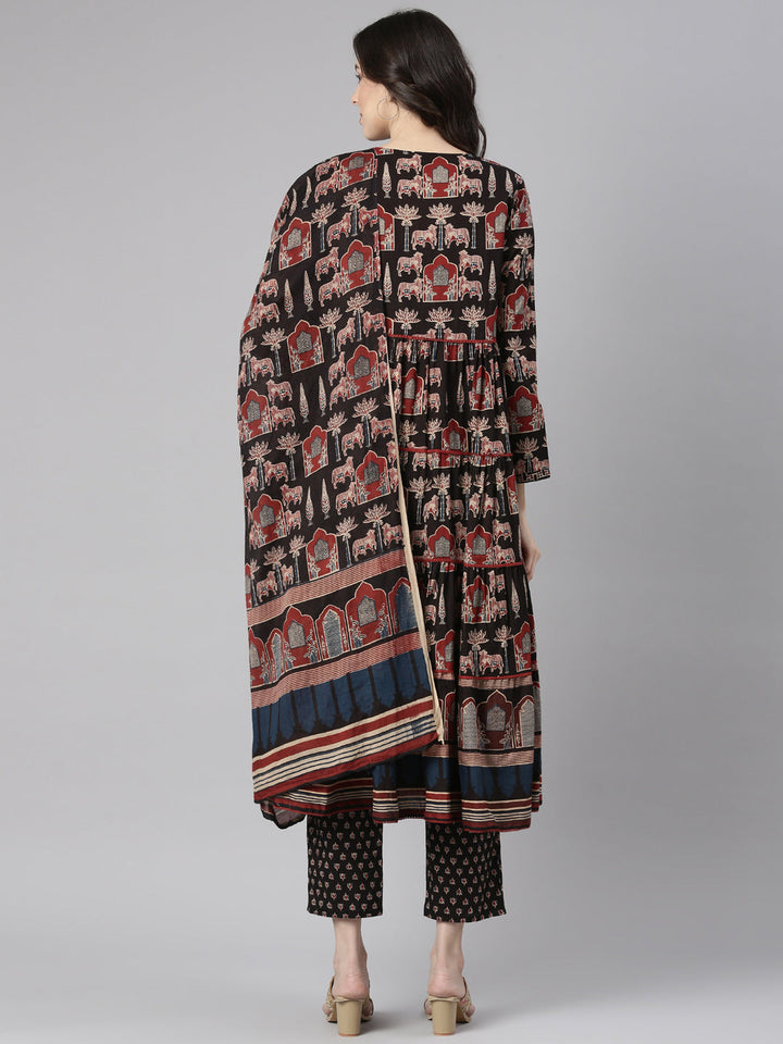 Neerus Black Printed Anarkali Kurta and Trousers With Dupatta