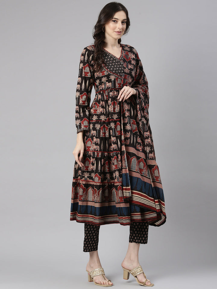 Neerus Black Printed Anarkali Kurta and Trousers With Dupatta