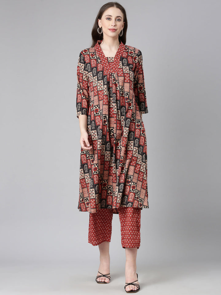 Neerus Orange cotton printed suit set - front view