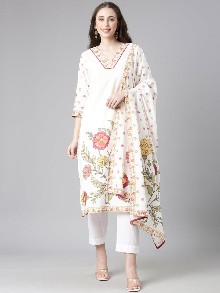 Neerus Off White Printed Straight Kurta and Trousers With Dupatta