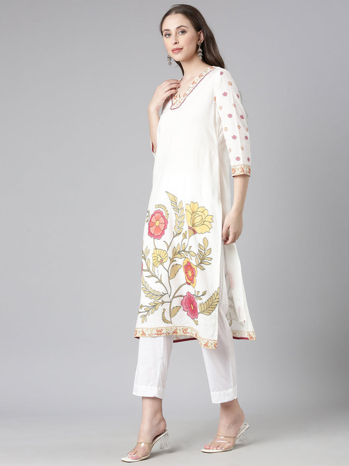Neerus Off White Printed Straight Kurta and Trousers With Dupatta
