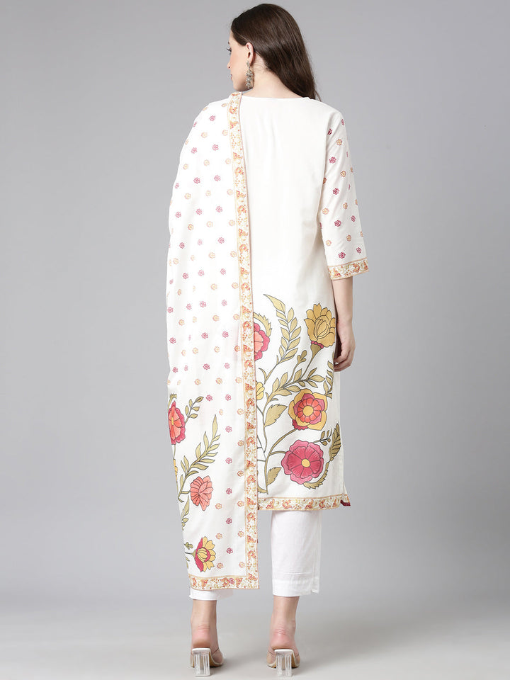 Neerus Off White Printed Straight Kurta and Trousers With Dupatta
