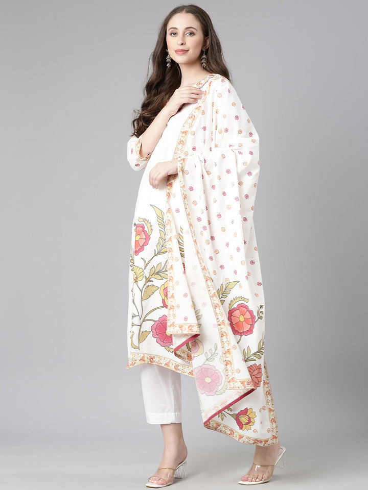 Neerus Off White Printed Straight Kurta and Trousers With Dupatta