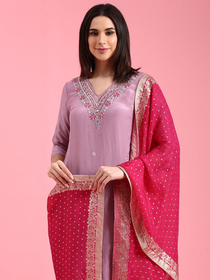 Lilac Organza Hand Embroidery Three Piece Suit Set