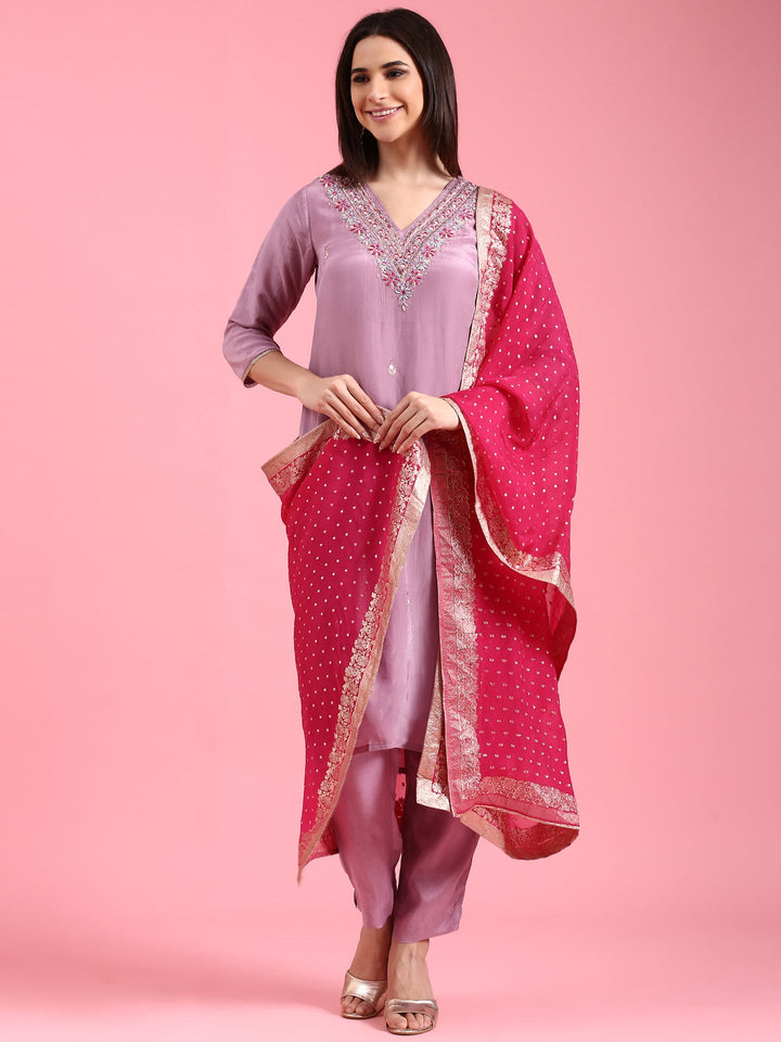 Lilac Organza Hand Embroidery Three Piece Suit Set