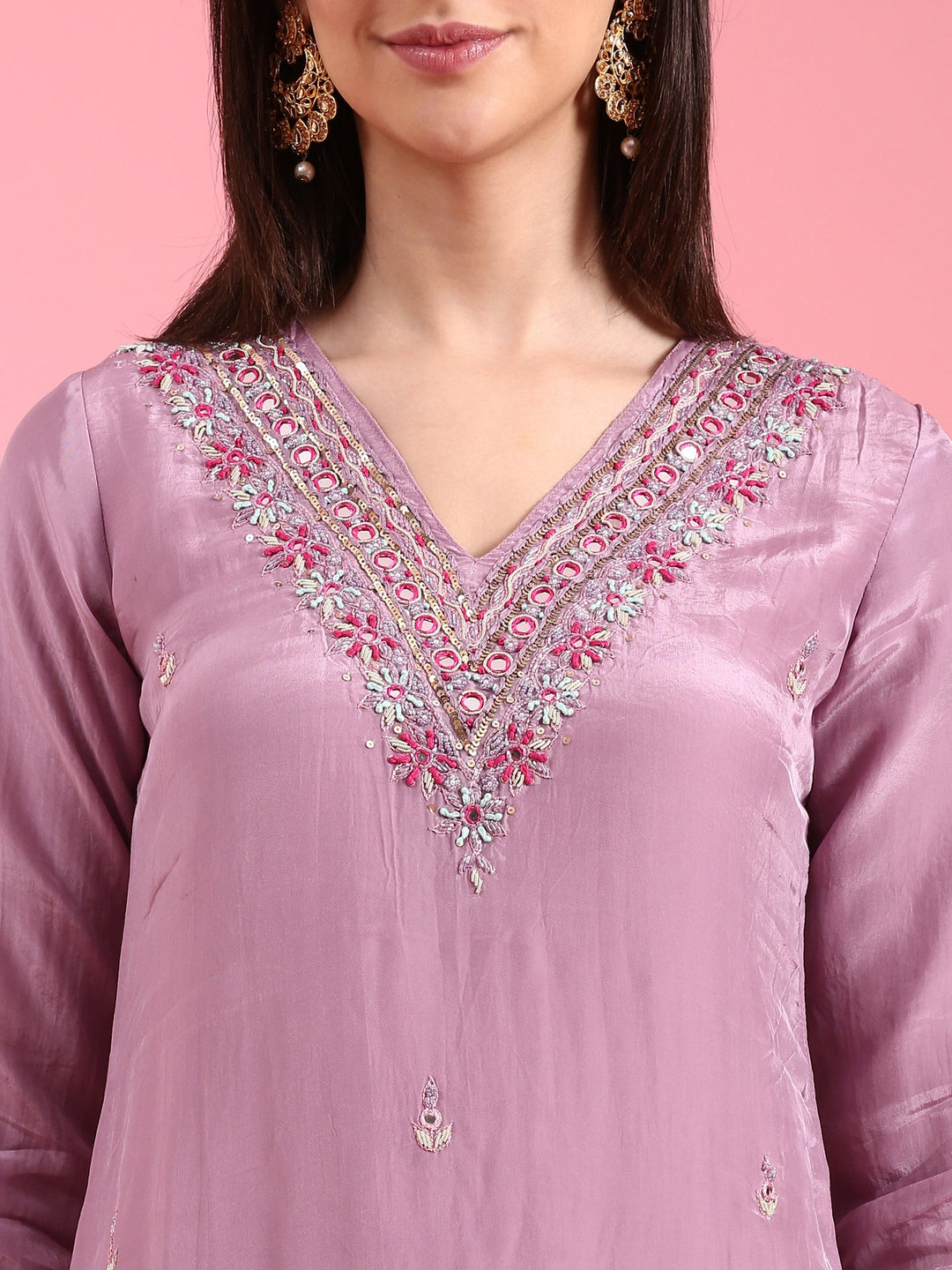 Neerus Purple organza hand embroidered suit set - detail view 2
