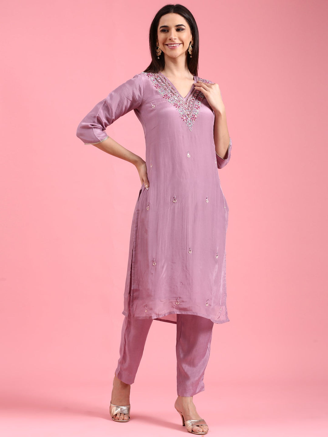 Neerus Purple organza hand embroidered suit set - side view