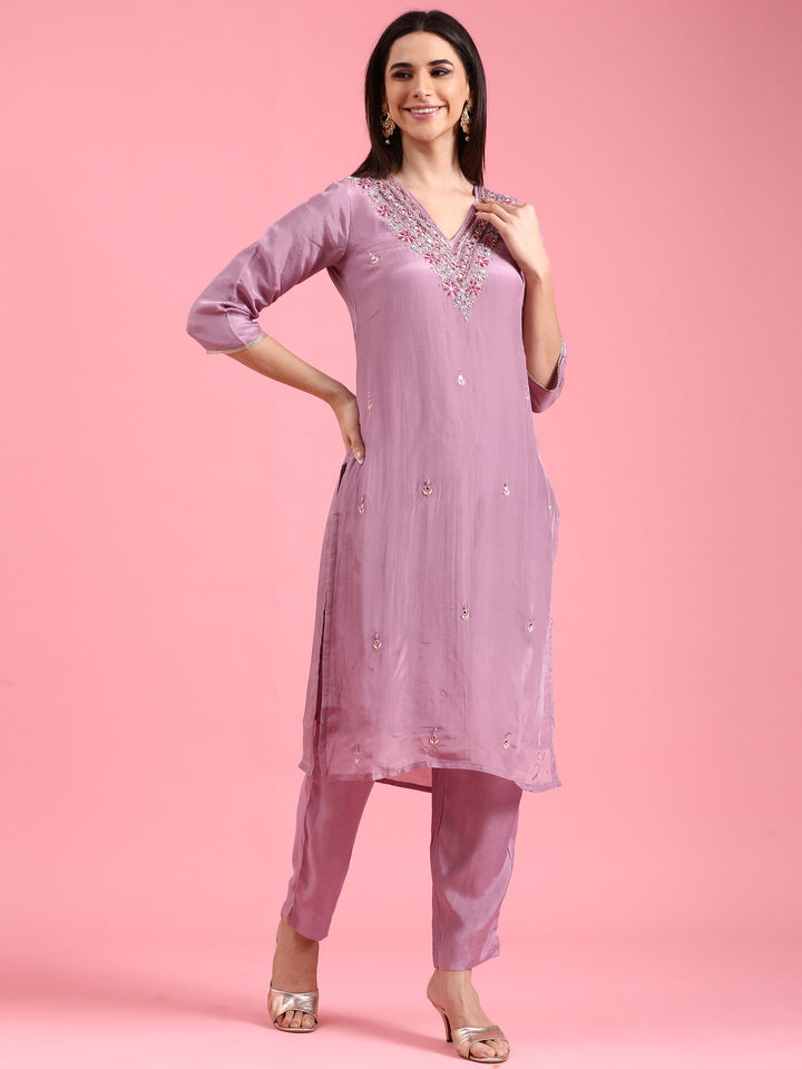 Neerus Purple organza hand embroidered suit set - side view