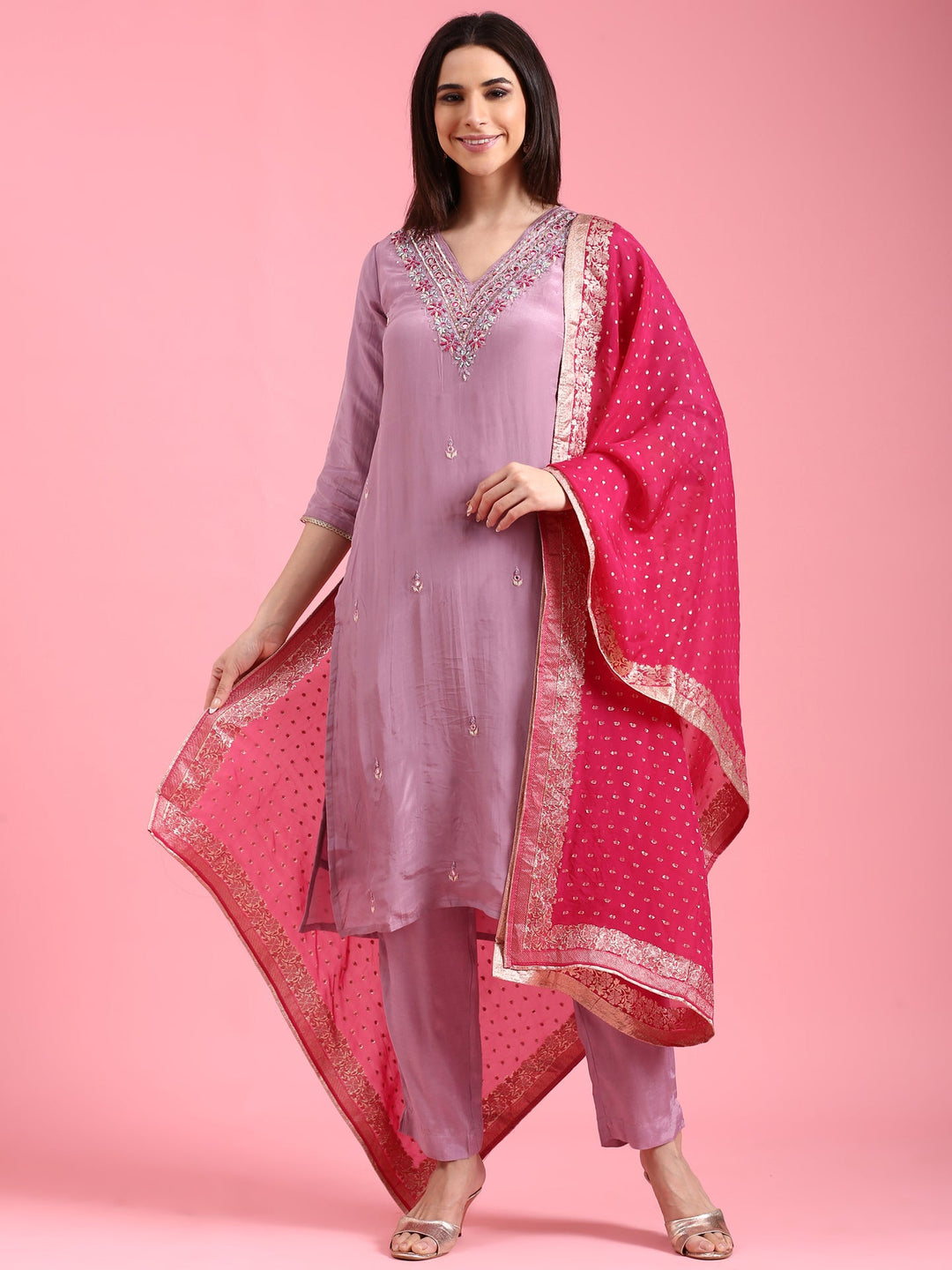 Neerus Purple organza hand embroidered suit set - front view