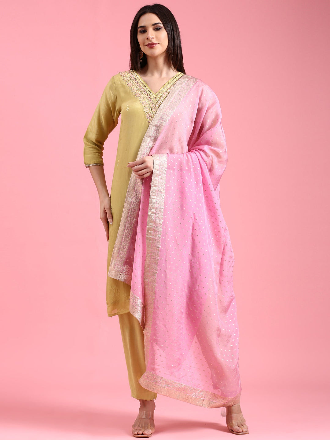 Neerus Green Organza Hand Embroidered Suit Set - front view