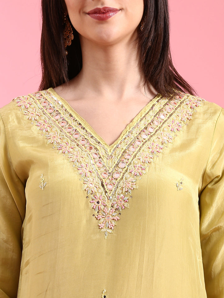 Neerus Green Organza Hand Embroidered Suit Set - detail view 2
