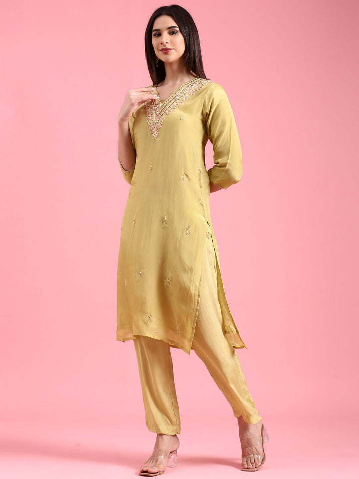 Neerus Green Organza Hand Embroidered Suit Set - side view