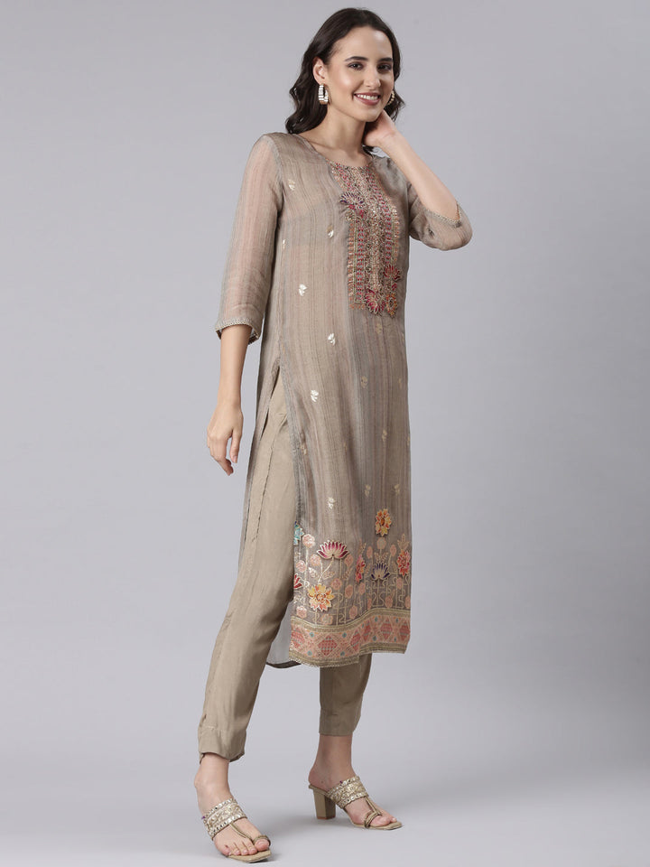 Beige Chanderi Hand Work Three Piece Set