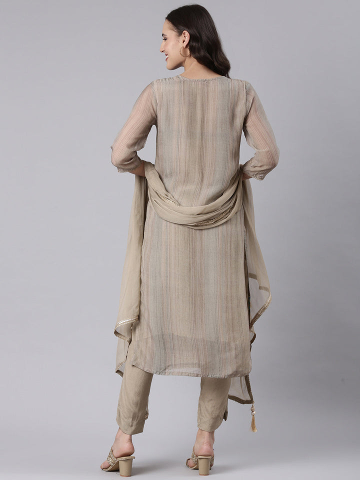 Beige Chanderi Hand Work Three Piece Set