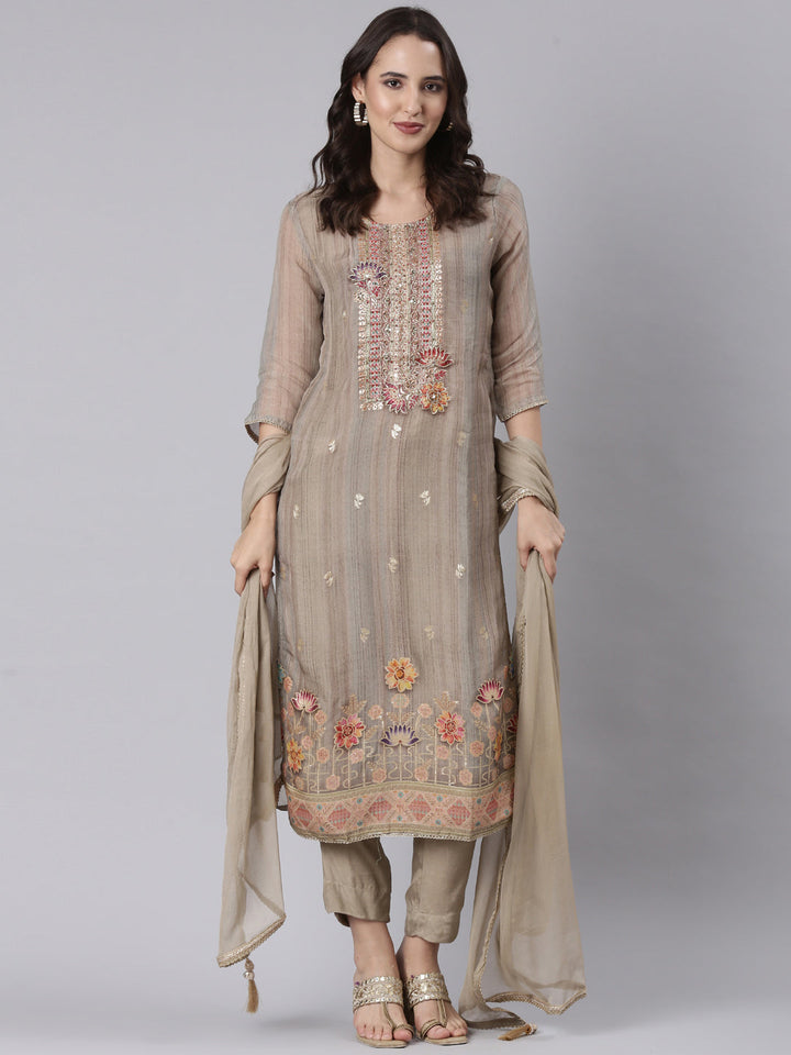 Beige Chanderi Hand Work Three Piece Set
