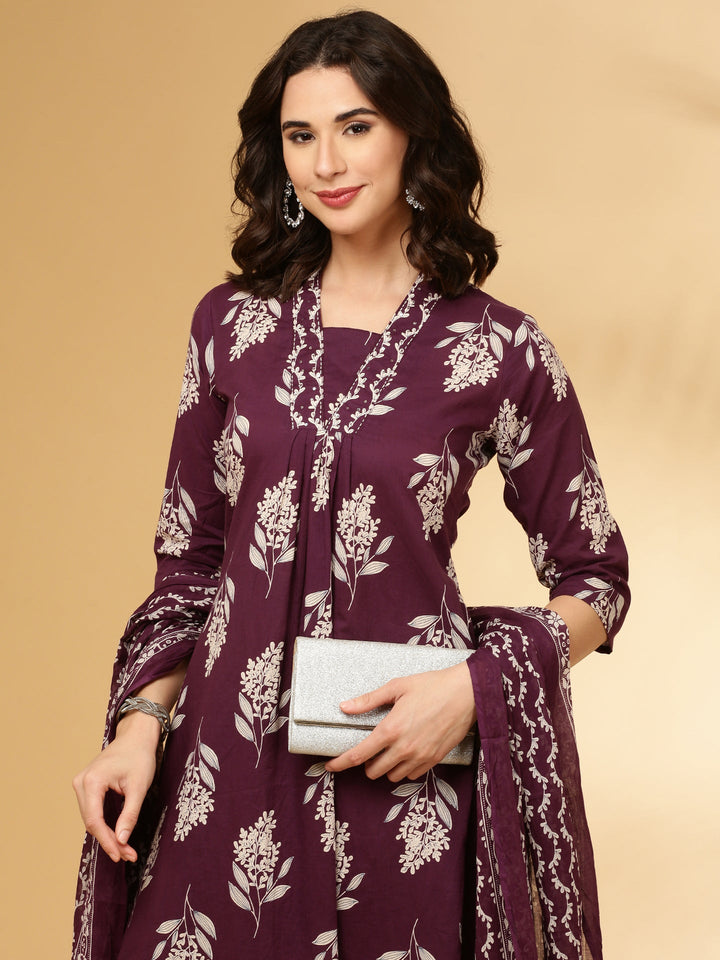Purple Cotton Floral Printed Three Piece Set