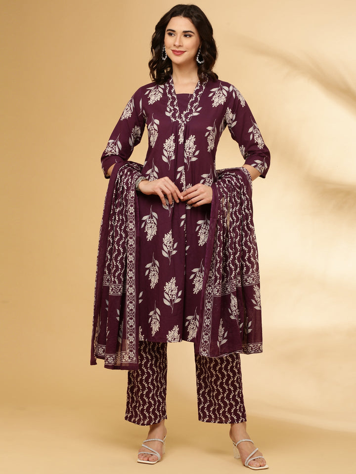 Purple Cotton Floral Printed Three Piece Set