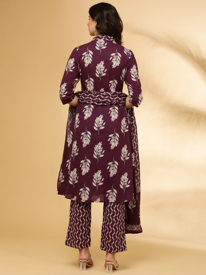 Purple Cotton Floral Printed Three Piece Set