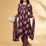 Purple Cotton Floral Printed Three Piece Set