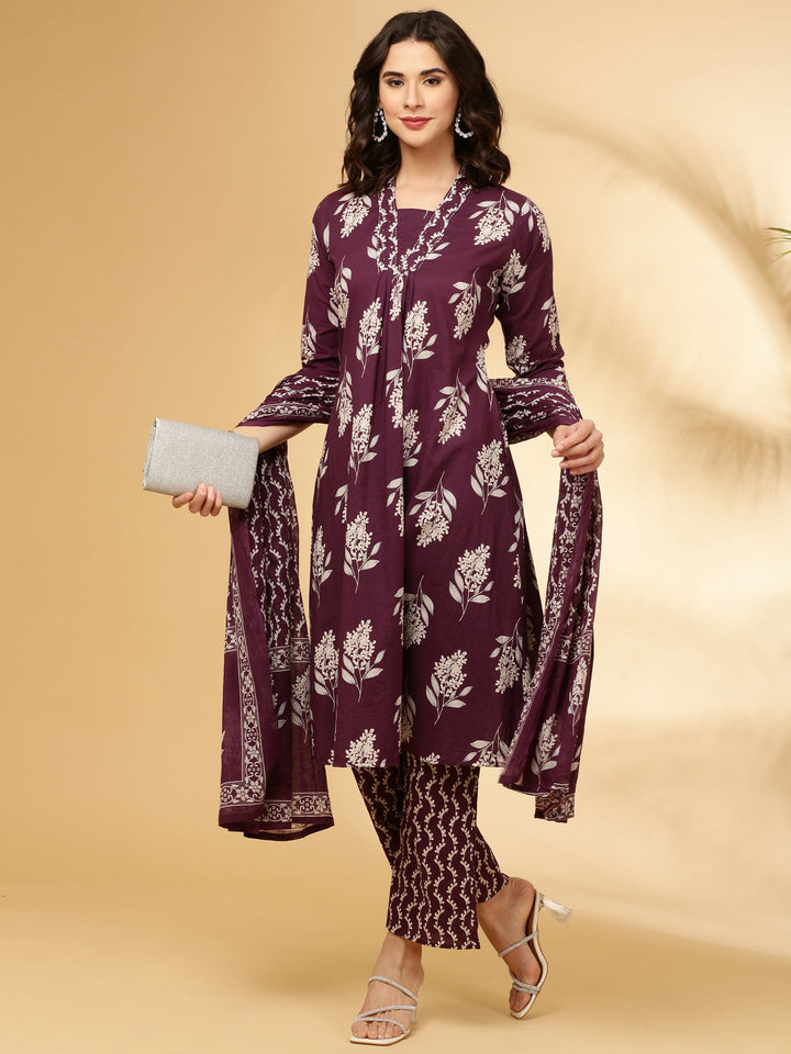 Purple Cotton Floral Printed Three Piece Set