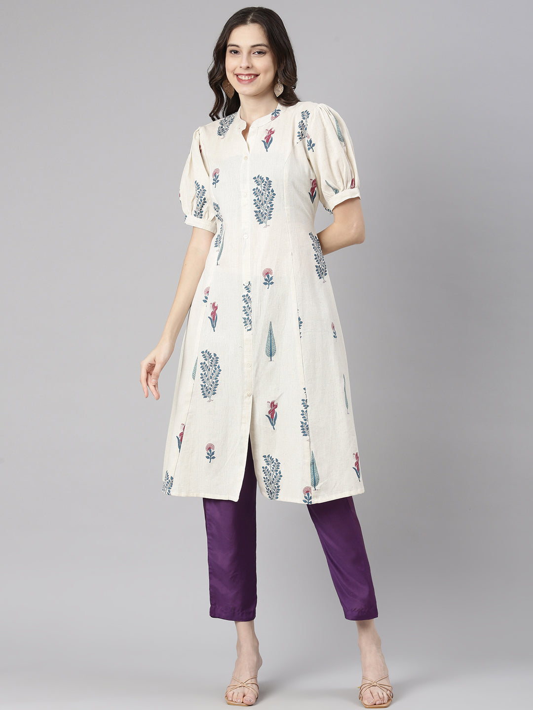Neerus White linen printed straight kurti - front view