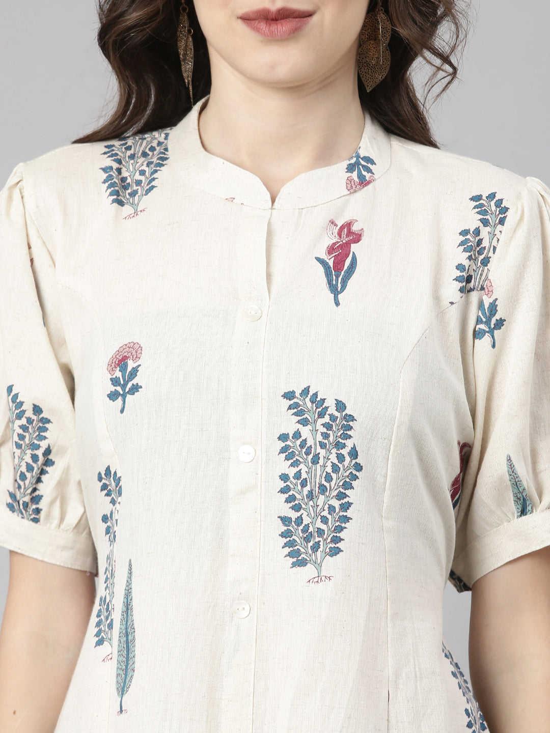 Neerus White linen printed straight kurti - detail view 1