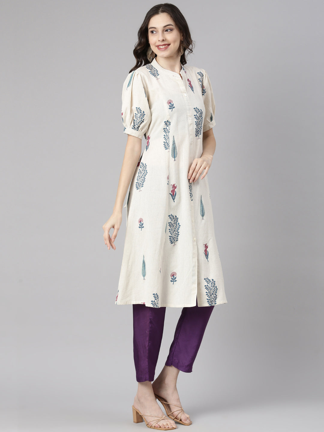 Neerus White linen printed straight kurti - back view