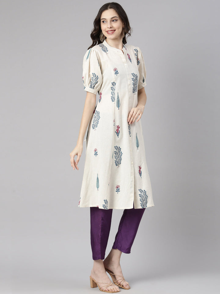 Neerus White linen printed straight kurti - back view