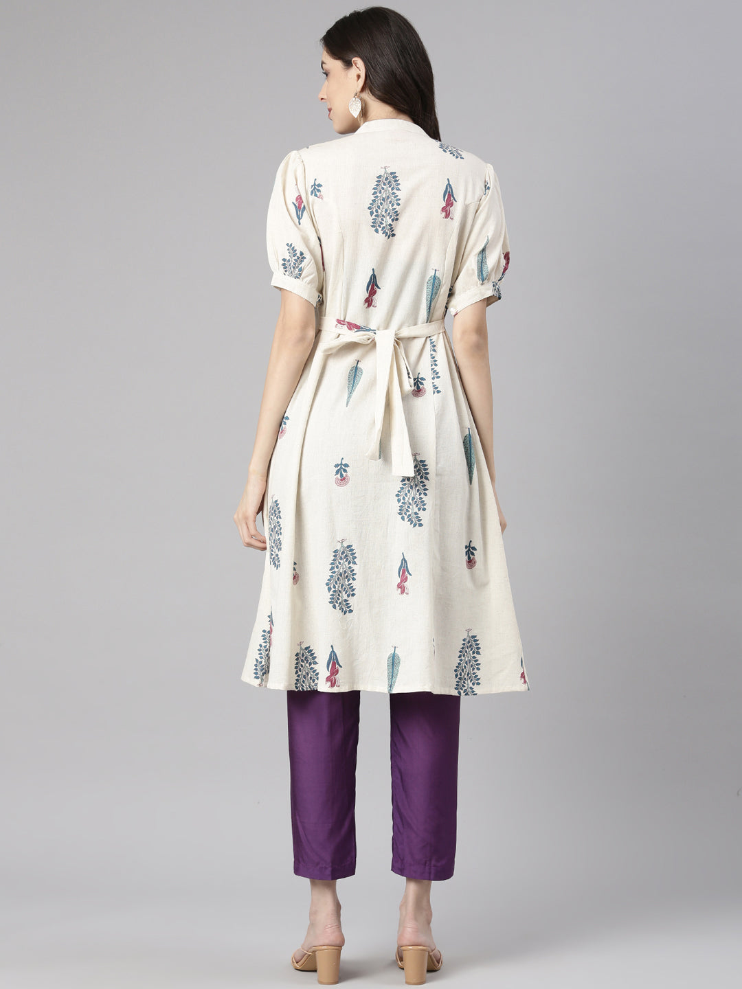 Neerus White linen printed straight kurti - side view