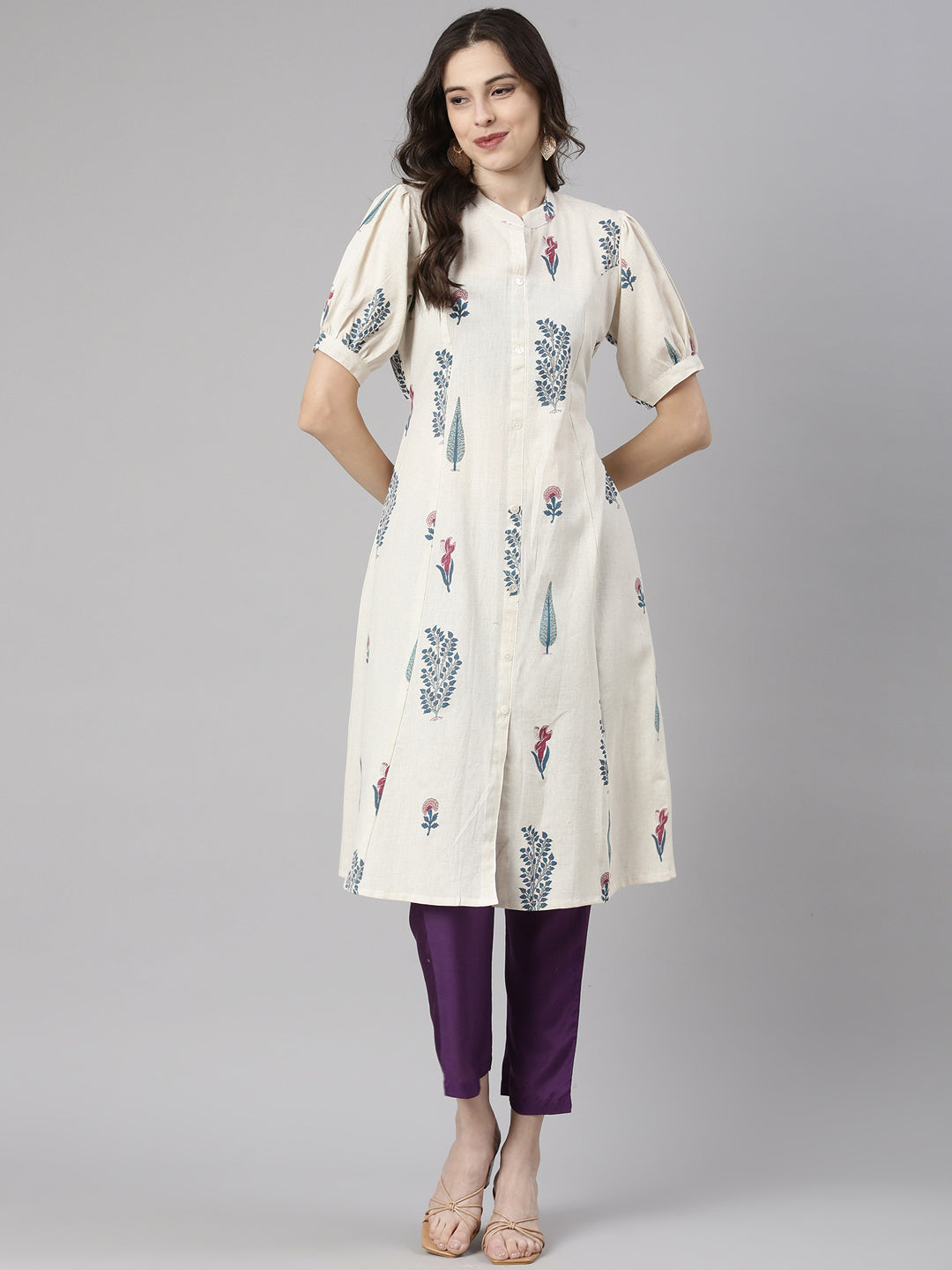 Neerus White linen printed straight kurti - detail view 2