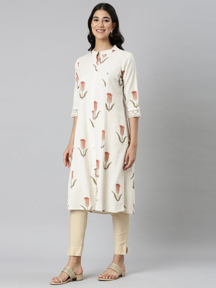Neerus Cream Casual Floral Straight Kurtas