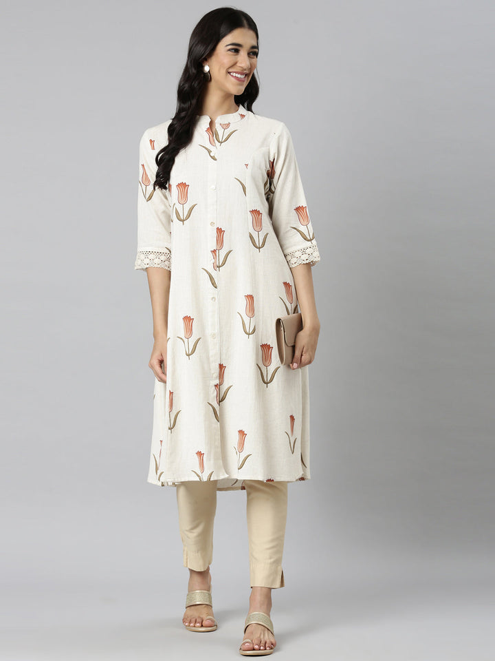 Neerus Cream Casual Floral Straight Kurtas