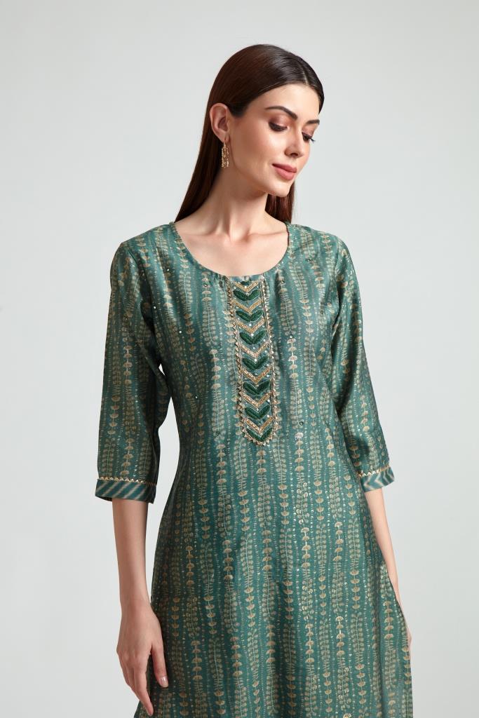 Neerus Green printed straight suit set kurta with trouser and dupatta - detail view 2