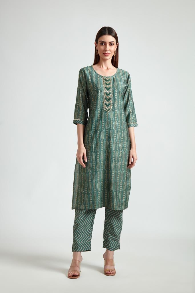 Neerus Green printed straight suit set kurta with trouser and dupatta - back view