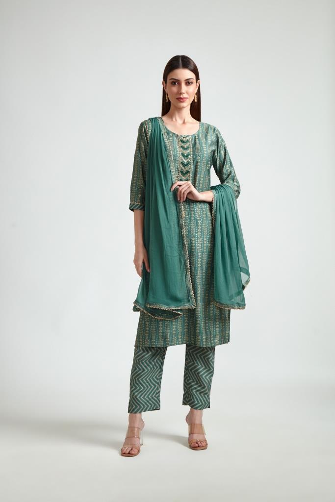 Neerus Green printed straight suit set kurta with trouser and dupatta - front view