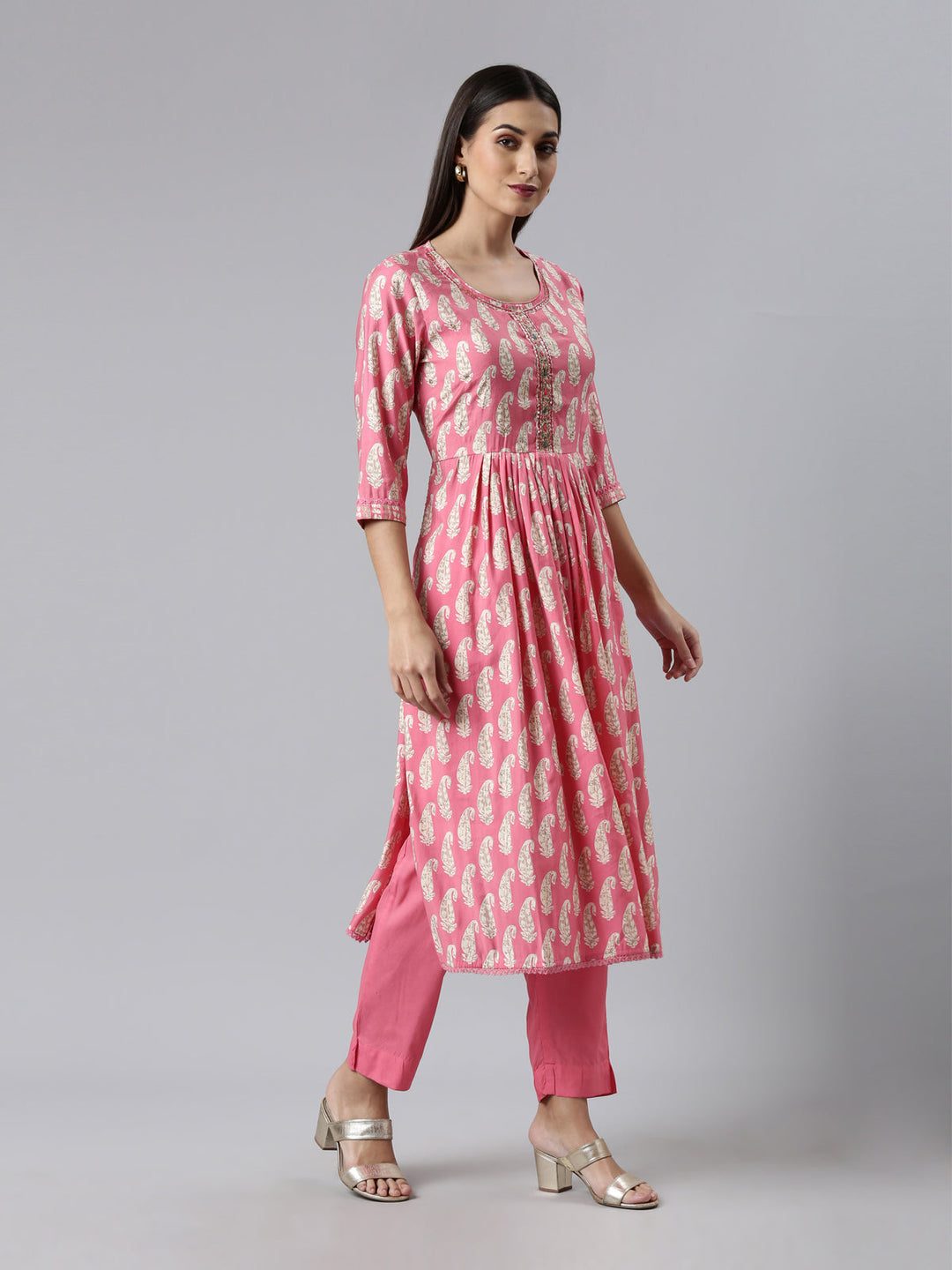 Neerus Pink muslin printed kurta set with trouser and dupatta - back view