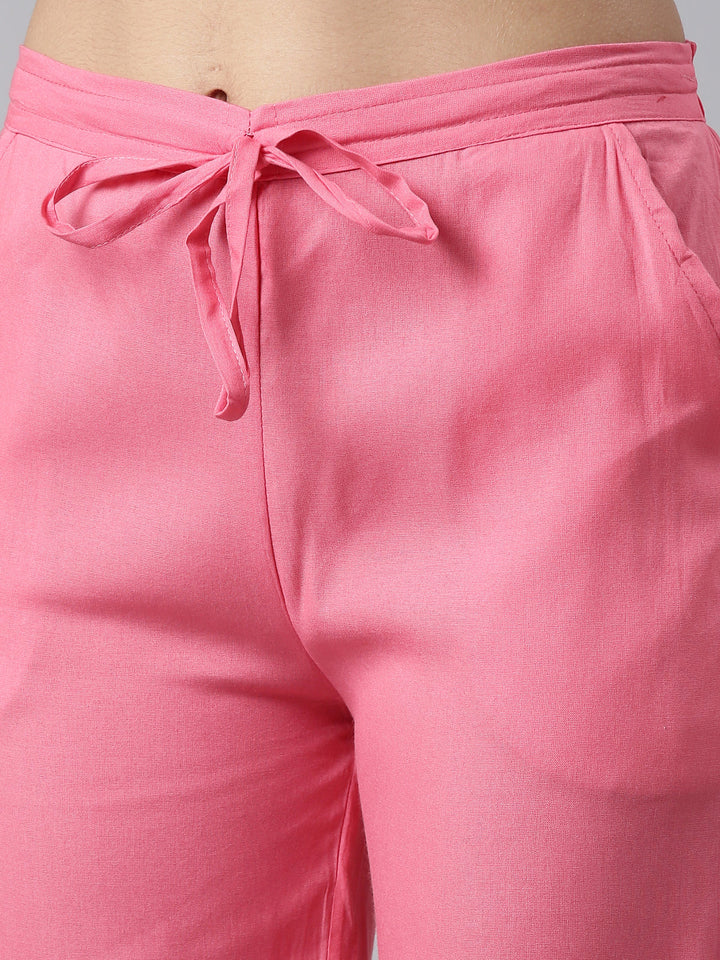 Neerus Pink muslin printed kurta set with trouser and dupatta - detail view 2