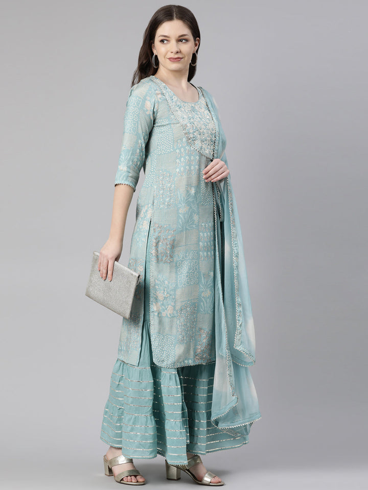 Neerus Green muslin printed sharara set - detail view 5