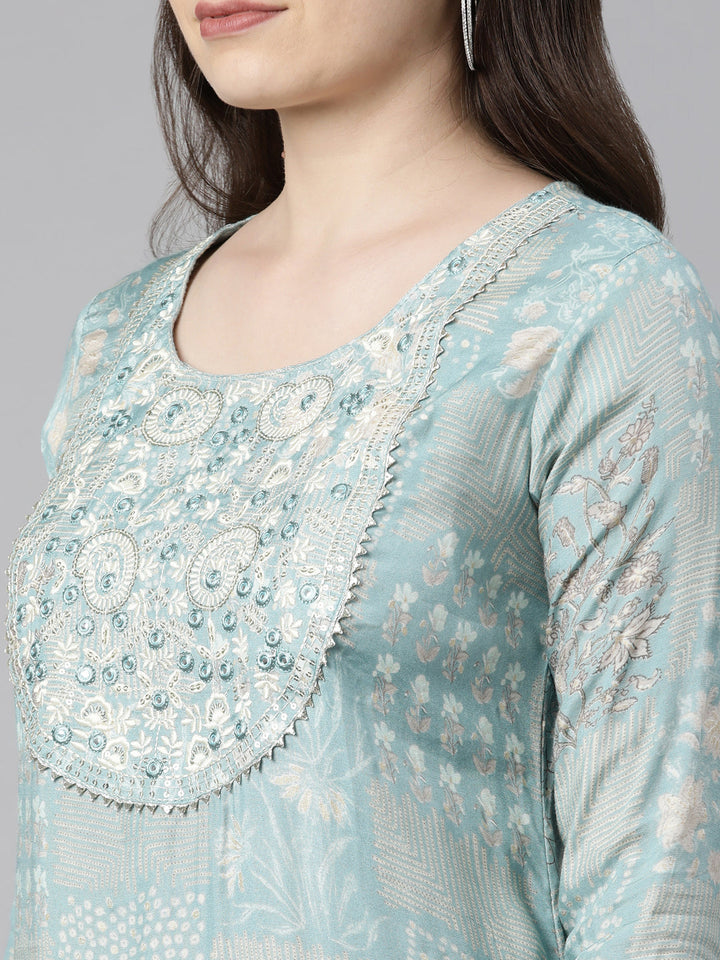 Neerus Green muslin printed sharara set - detail view 2